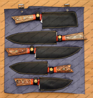Personalized Custom Handmade Damascus Chef set Of 5pcs With Leather Cover, Kitchen Knife, Damascus Knife Set, Kitchen knives With Leather Sheath