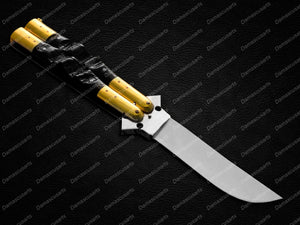 Personalized Custom Handmade 440c Stainless Steel Original Filipino Balisongs Butterfly Knife Brass with Carabao Horn Inserts with Leather Sheath