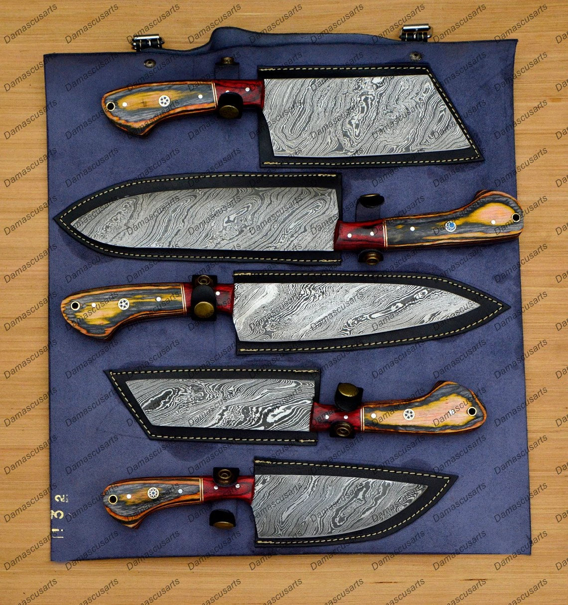 Personalized Custom Handmade Damascus Chef set Of 5pcs With Leather Cover, Kitchen Knife, Damascus Knife Set,Kitchen knives With Leather Sheath