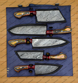 Personalized Custom Handmade Damascus Chef set Of 5pcs With Leather Cover, Kitchen Knife, Damascus Knife Set,Kitchen knives With Leather Sheath