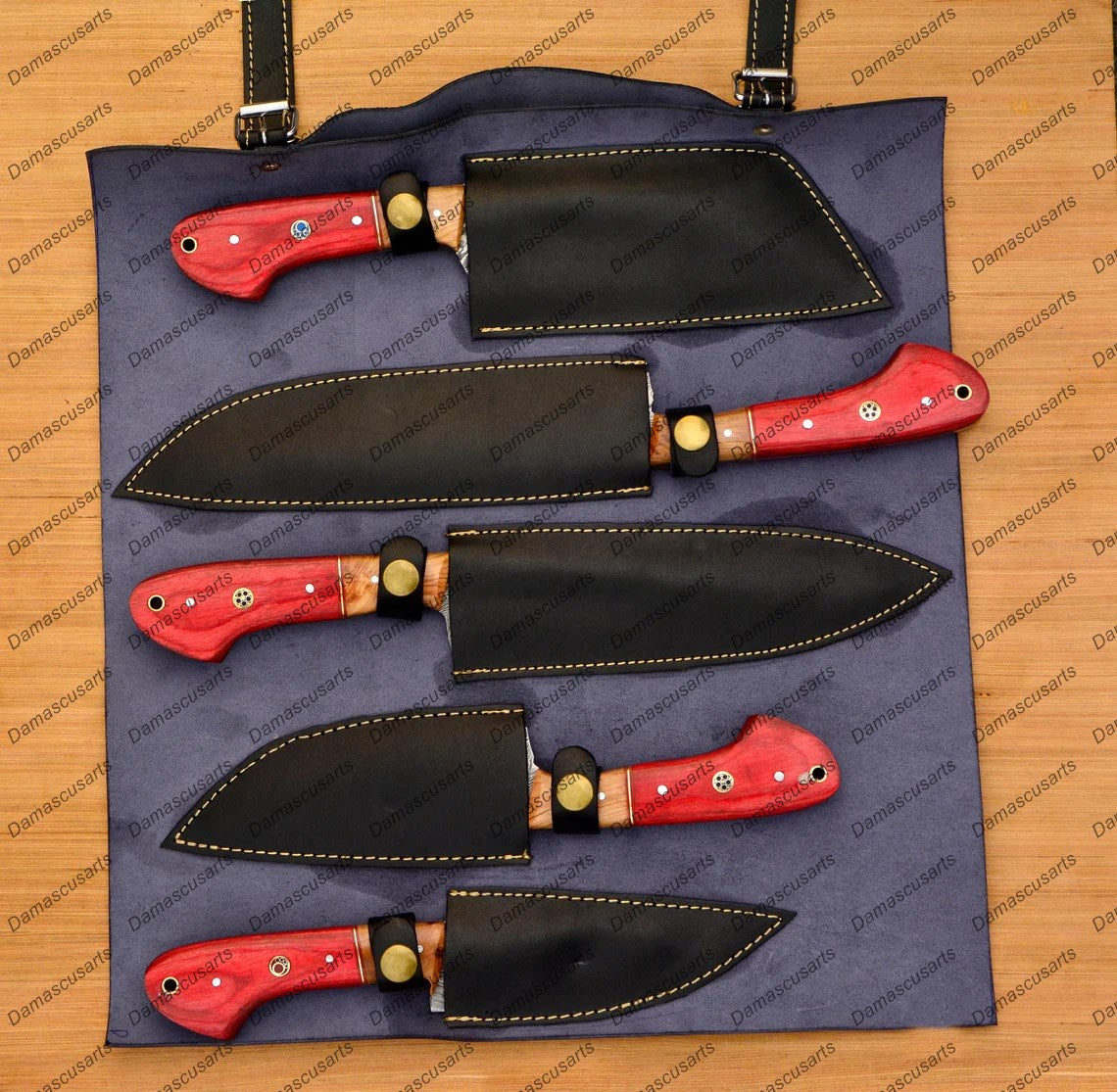 Personalized Custom Handmade Damascus Chef set Of 5pcs With Leather Cover, Kitchen Knife, Damascus Knife Set, Kitchen knives With Leather Sheath