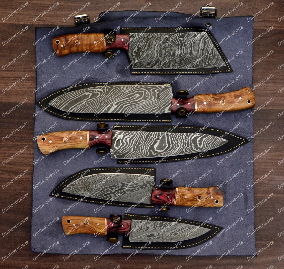 Personalized Custom Handmade Damascus Chef set Of 5pcs With Leather Cover, Kitchen Knife, Damascus Knife Set, Kitchen knives With Leather Sheath