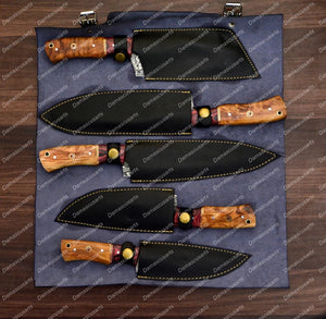 Personalized Custom Handmade Damascus Chef set Of 5pcs With Leather Cover, Kitchen Knife, Damascus Knife Set, Kitchen knives With Leather Sheath