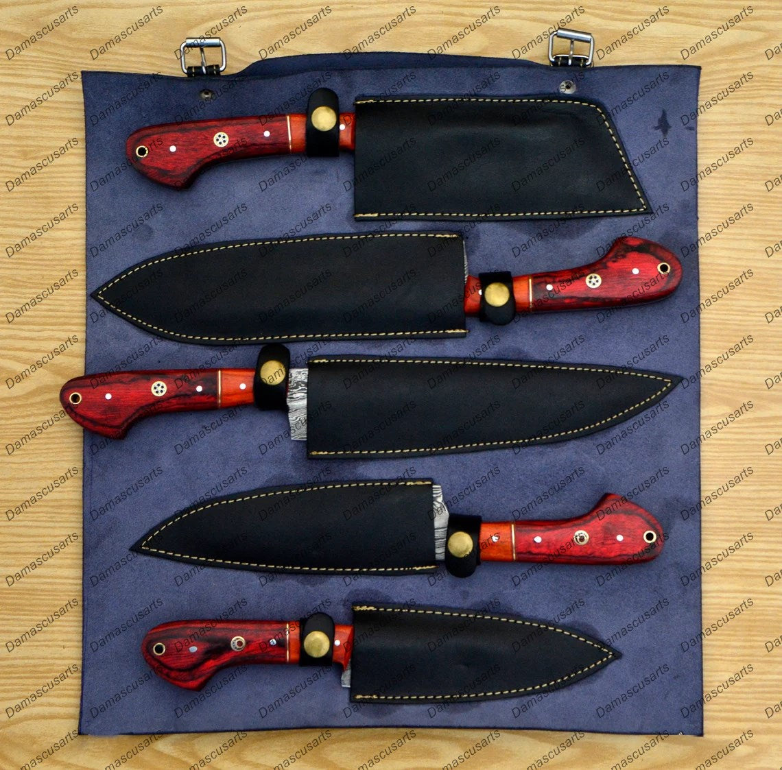 Personalized Custom Handmade Damascus Chef set Of 5pcs With Leather Cover, Kitchen Knife, Damascus Knife Set, Kitchen knives With Leather Sheath