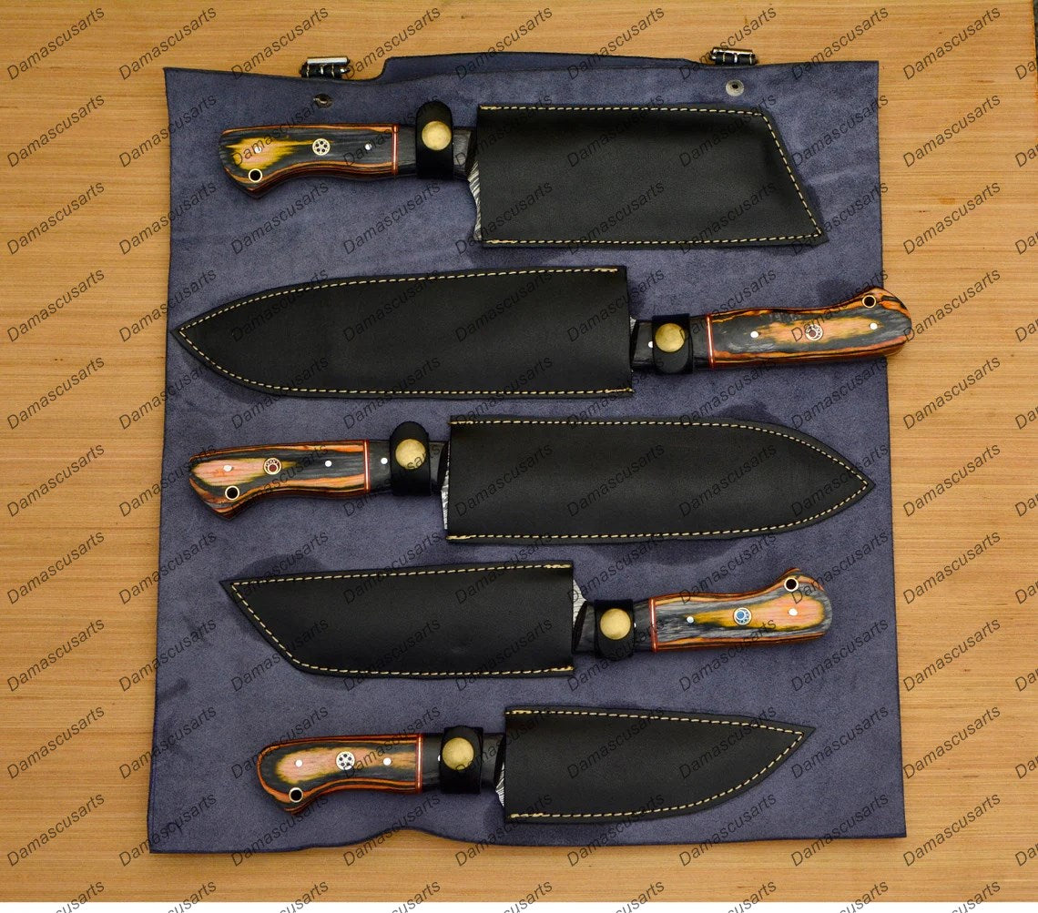 Personalized Custom Handmade Damascus Chef set Of 5pcs With Leather Cover, Kitchen Knife, Damascus Knife Set, Kitchen knives With Leather Sheath