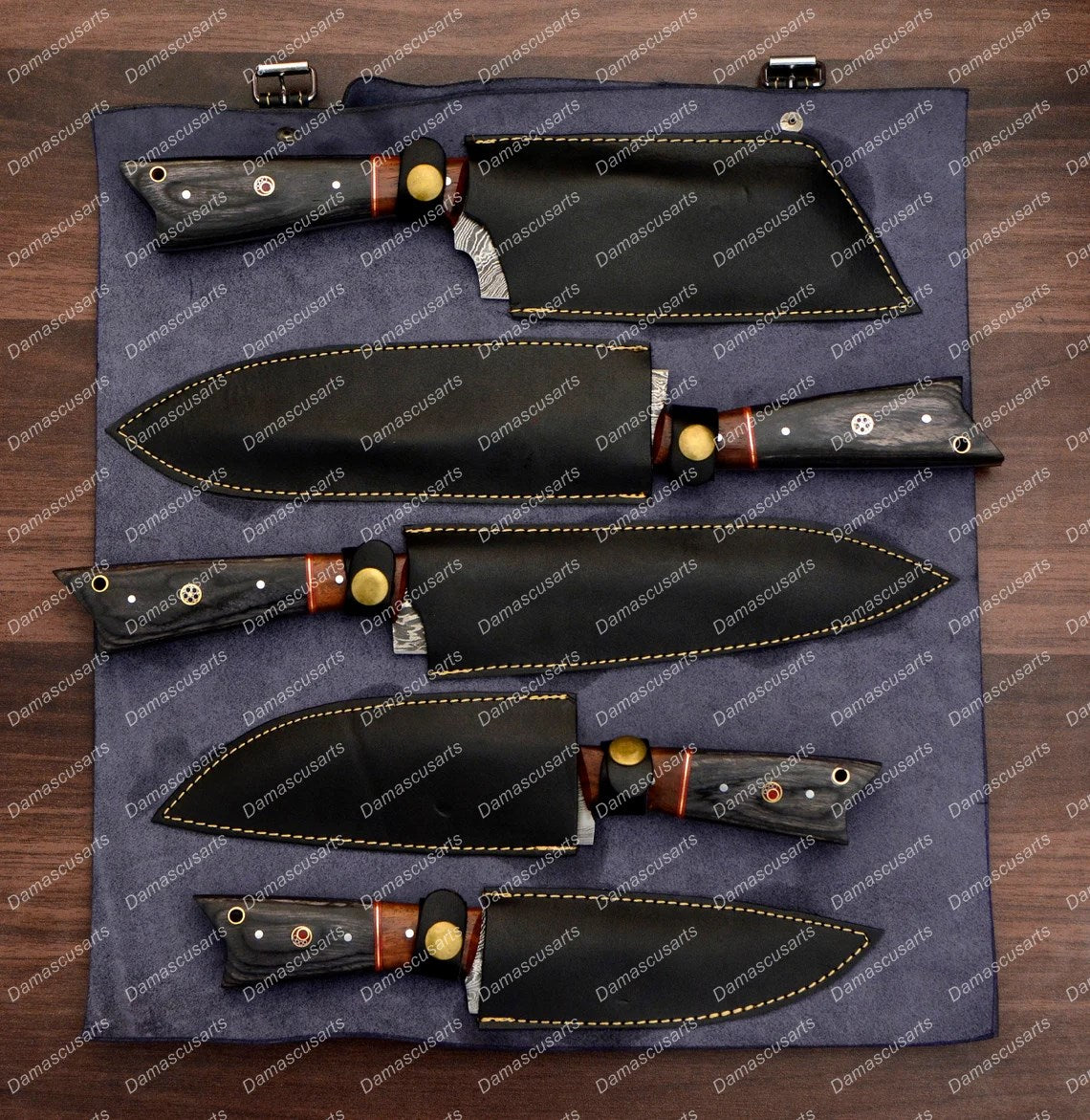 Personalized Custom Handmade Damascus Chef set Of 5pcs With Leather Cover, Kitchen Knife, Damascus Knife Set, Kitchen knives With Leather Sheath