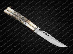 Personalized Custom Handmade D2 Tool Steel Original Filipino Balisong Butterfly Knife Brass with Jigged Bone Inserts World Class Knives with Leather Sheath