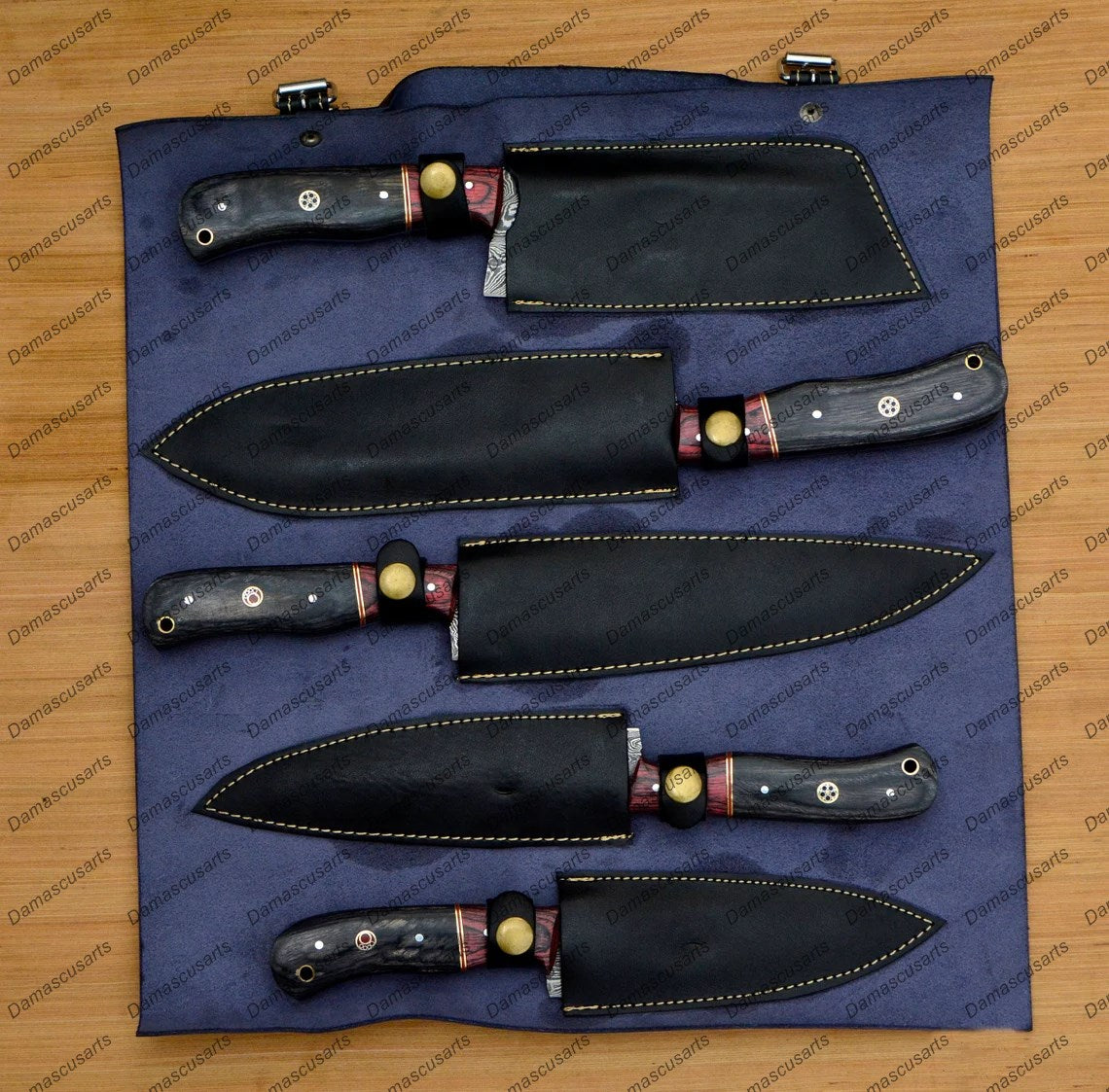 Personalized Custom Handmade Damascus Chef set Of 5pcs With Leather Cover, Kitchen Knife, Damascus Knife Set,Kitchen knives With Leather Sheath