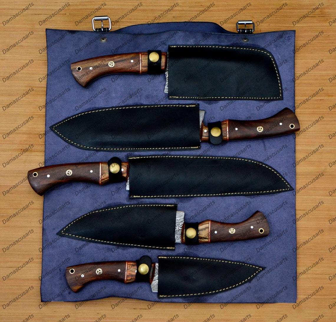 Personalized Custom Handmade Damascus Chef set Of 5pcs With Leather Cover, Kitchen Knife, Damascus Knife Set, Kitchen knives With Leather Sheath