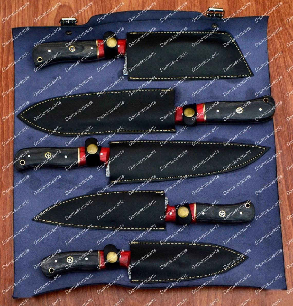 Personalized Custom Handmade Damascus Chef set Of 5pcs With Leather Cover, Kitchen Knife, Damascus Knife Set, Kitchen knives With Leather Sheath