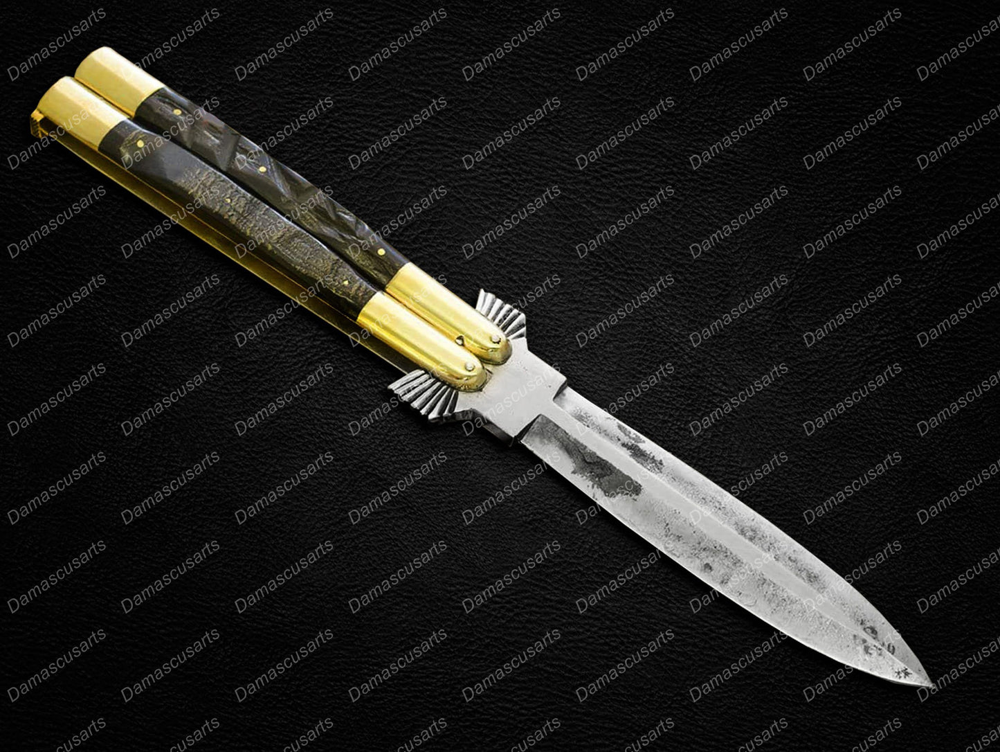 Personalized Custom Handmade Vg10 Original Filipino Balisong Butterfly Knife Brass with Carabao Horn Inserts with Leather Sheath