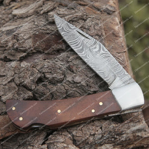 Personalized Back Lock 9" Handmade Damascus Steel Pocket Knife Dark Wood Handle Steel clips Folding Knife With Leather Sheath