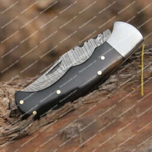 Personalized Custom Handmade Damascus Folding Knife with Pocket Clip - 6.5'' Back Lock Folding Knife Bull Horn Handle - Camping Knife With Leather Sheath