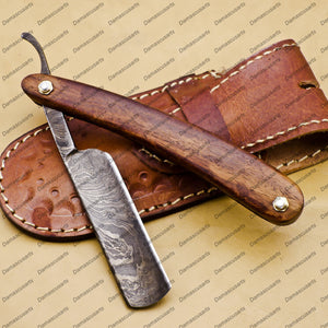 Damascus Folding Pocket Custom Blade Straight Razor Very Sharp with Leather Sheath