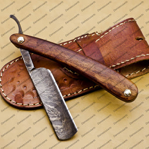 Damascus Folding Pocket Custom Blade Straight Razor Very Sharp with Leather Sheath
