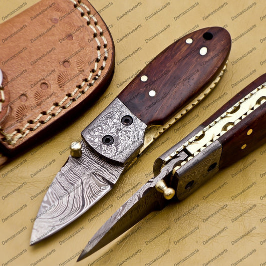 Custom Hand Made Damascus Steel Folding Pocket Knife Kowa Wood Leather Sheath