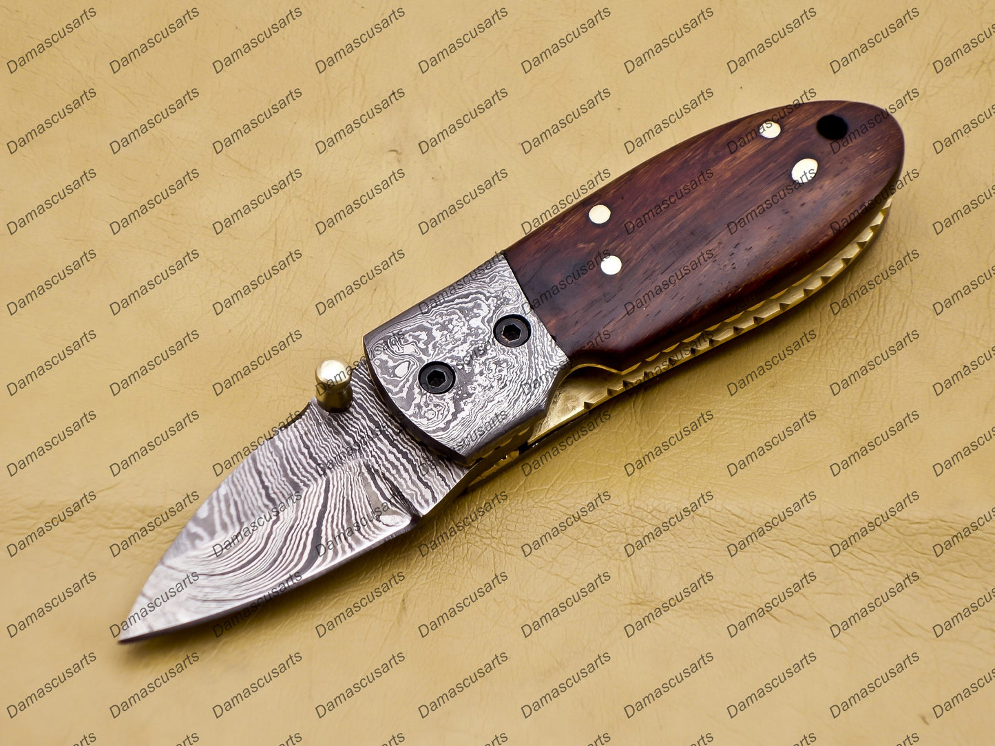 Custom Hand Made Damascus Steel Folding Pocket Knife Kowa Wood Leather Sheath