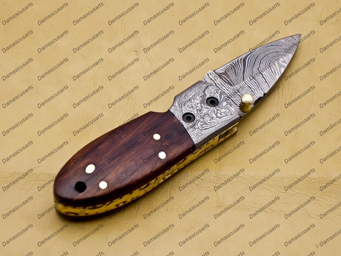 Custom Hand Made Damascus Steel Folding Pocket Knife Kowa Wood Leather Sheath