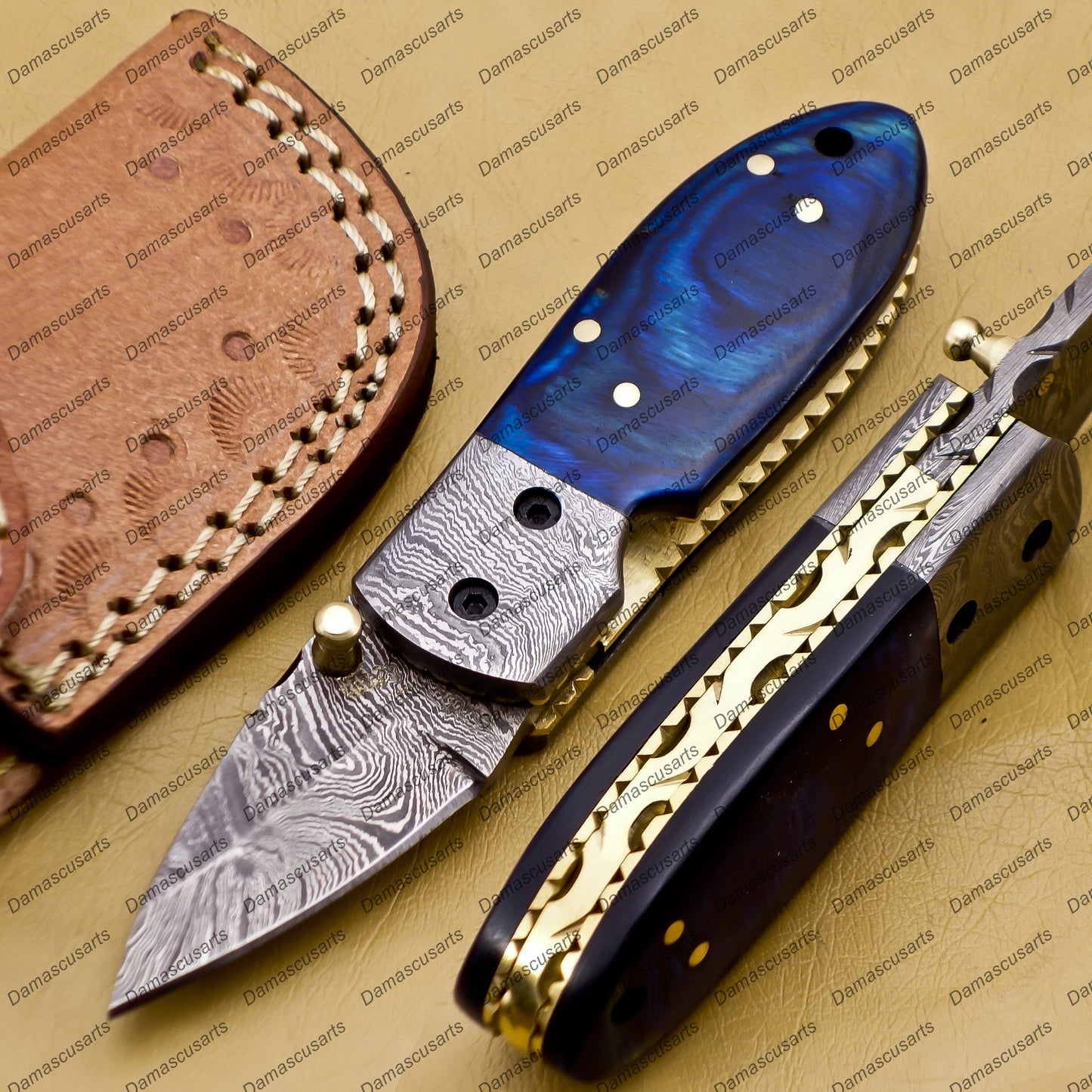 Custom Hand Made Damascus Steel Folding Pocket Knife Kowa Wood Leather Sheath