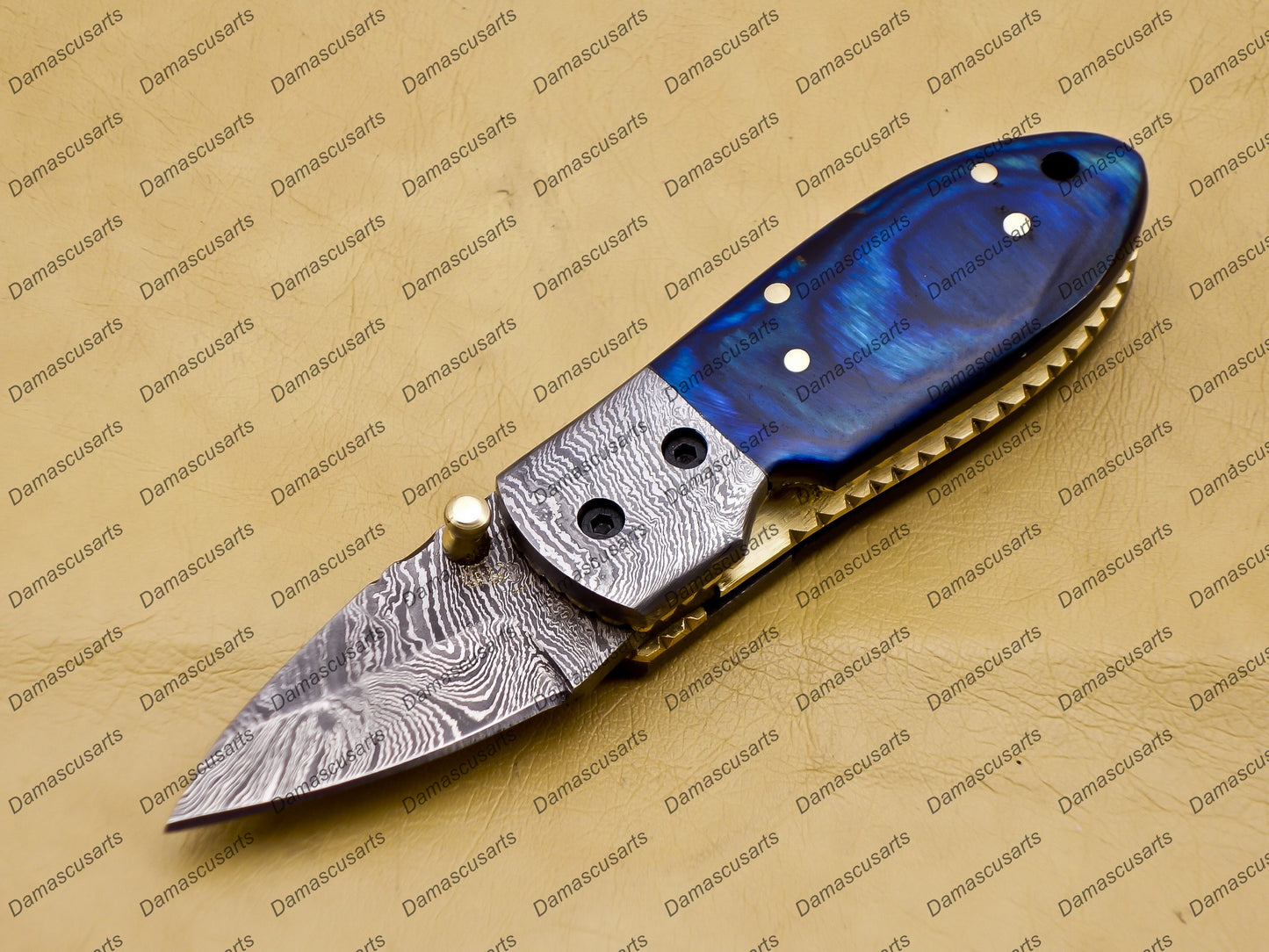 Custom Hand Made Damascus Steel Folding Pocket Knife Kowa Wood Leather Sheath