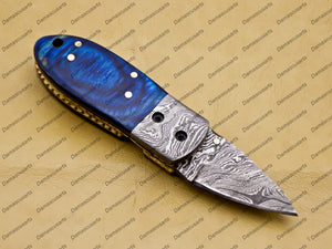 Custom Hand Made Damascus Steel Folding Pocket Knife Kowa Wood Leather Sheath