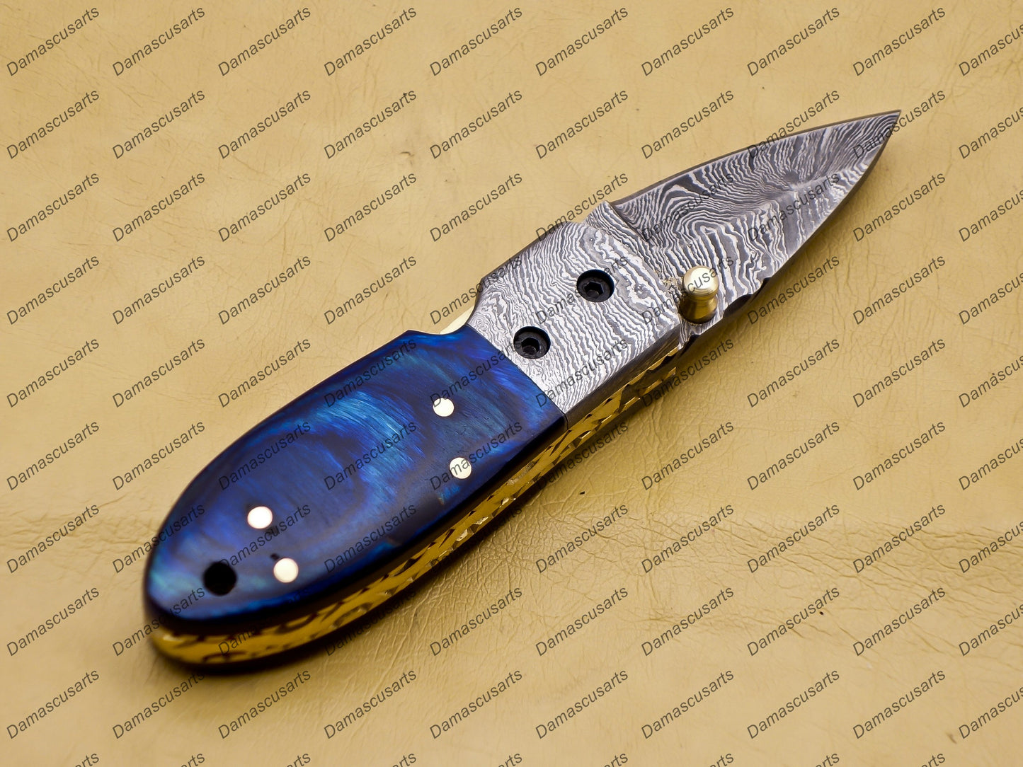 Custom Hand Made Damascus Steel Folding Pocket Knife Kowa Wood Leather Sheath