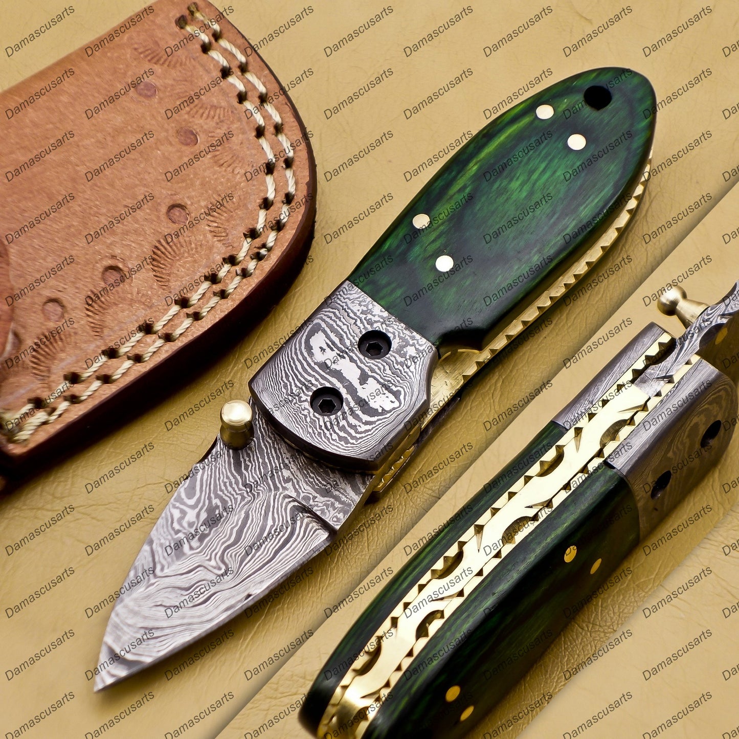 Custom Hand Made Damascus Steel Folding Pocket Knife Kowa Wood Leather Sheath