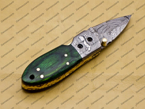Custom Hand Made Damascus Steel Folding Pocket Knife Kowa Wood Leather Sheath