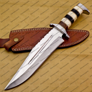 Personalized Custom Handmade  D2 Custom Steel Hunting Bowie Knife Fixed Blade with Leather Sheath Handle Camel Bone