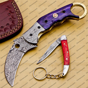Custom Handmade Damascus Folding Pocket Knife Karambit Knife Hunting Knife Pocket Clip with Key Chain and Leather Sheath