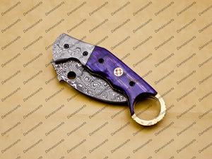 Custom Handmade Damascus Folding Pocket Knife Karambit Knife Hunting Knife Pocket Clip with Key Chain and Leather Sheath