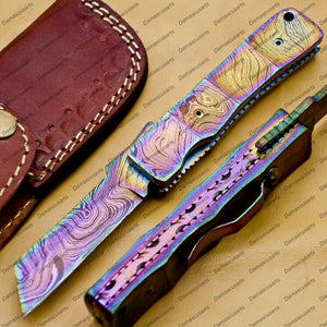 Custom Handmade Damascus Steel Folding Pocket Knife with Handle Kowa Wood with Leather Sheath