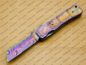 Custom Handmade Damascus Steel Folding Pocket Knife with Handle Kowa Wood with Leather Sheath