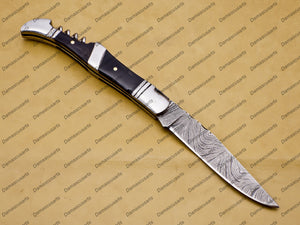 Handmade Damascus Folding Pocket knife Hunting knife 100% Handmade Damascus Steel with leather Sheath