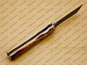 Custom Damascus Steel Folding Pocket Knife with Free Damascus Keychain Handle Damascus with Leather Sheeth