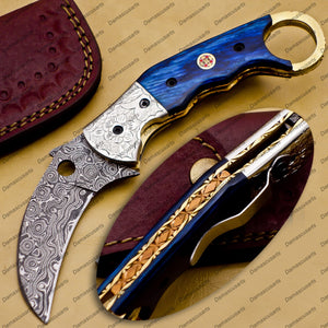 Personalized Damascus Folding Pocket knife Karambit red color Knife Hunting knife Handle Wood With Free Damascus Keychain knife