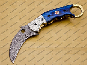 Personalized Damascus Folding Pocket knife Karambit red color Knife Hunting knife Handle Wood With Free Damascus Keychain knife