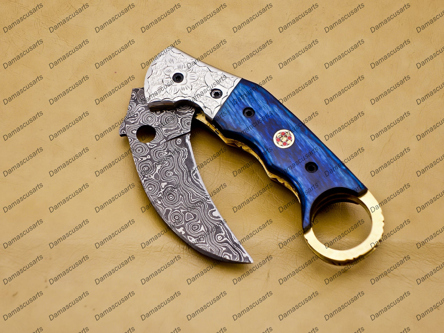 Personalized Damascus Folding Pocket knife Karambit red color Knife Hunting knife Handle Wood With Free Damascus Keychain knife