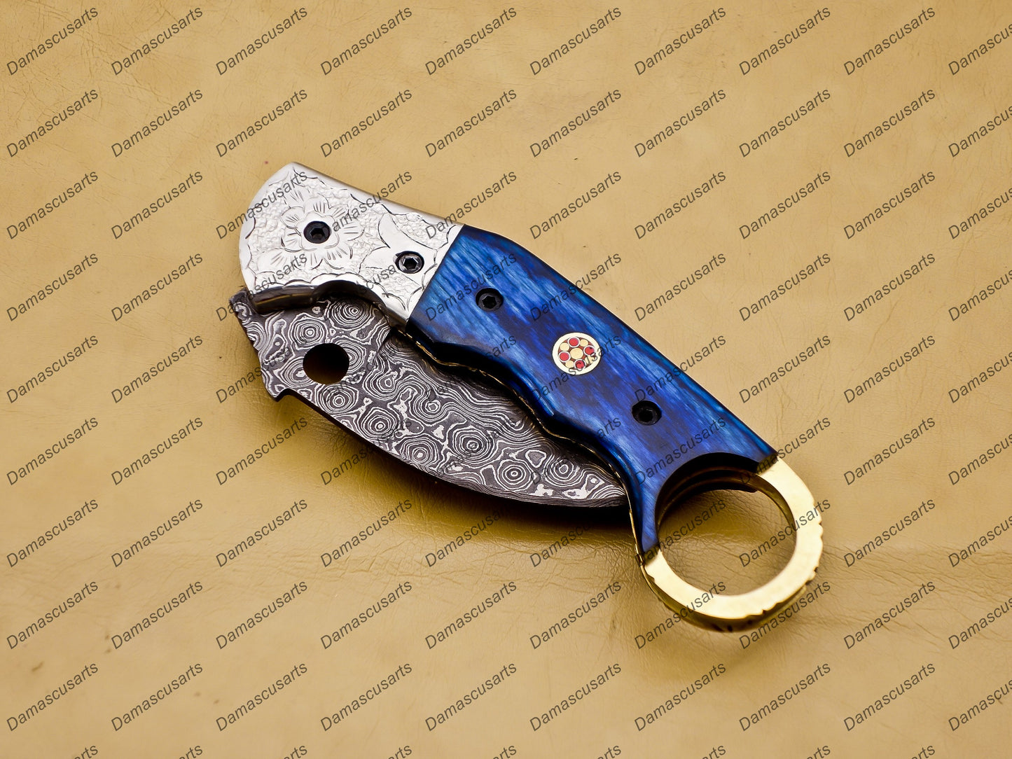 Personalized Damascus Folding Pocket knife Karambit red color Knife Hunting knife Handle Wood With Free Damascus Keychain knife