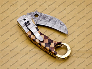 Damascus Folding Pocket knife Karambit Knife Hunting knife with Free Damascus Keychain Knife Handle Wood with Leather Sheeth