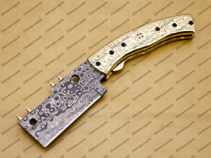 Personalizable Custom Hand Made Damascus Steel Folding Pocket Knife Hunting knife with Brass Handle with Leather Sheeth