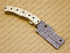Personalizable Custom Hand Made Damascus Steel Folding Pocket Knife Hunting knife with Brass Handle with Leather Sheeth