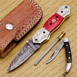 Personalizable Custom Hand Made Damascus Steel Folding Pocket Knife With Free Damascus Keychain knife Handle Olive Wood with Leather Sheeth