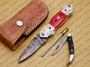 Personalizable Custom Hand Made Damascus Steel Folding Pocket Knife With Free Damascus Keychain knife Handle Olive Wood with Leather Sheeth