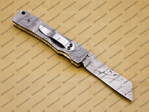 Custom Damascus Steel Folding Pocket Knife Handle Damascus with Free Damascus Keychain knife with Leather Sheeth