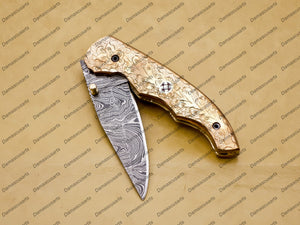Damascus Folding Hunter Pocket Knife Custom Forged Damascus Steel Bowie Knife Handle Copper Metal With Leather Sheath