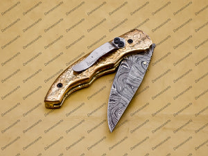 Damascus Folding Hunter Pocket Knife Custom Forged Damascus Steel Bowie Knife Handle Copper Metal With Leather Sheath