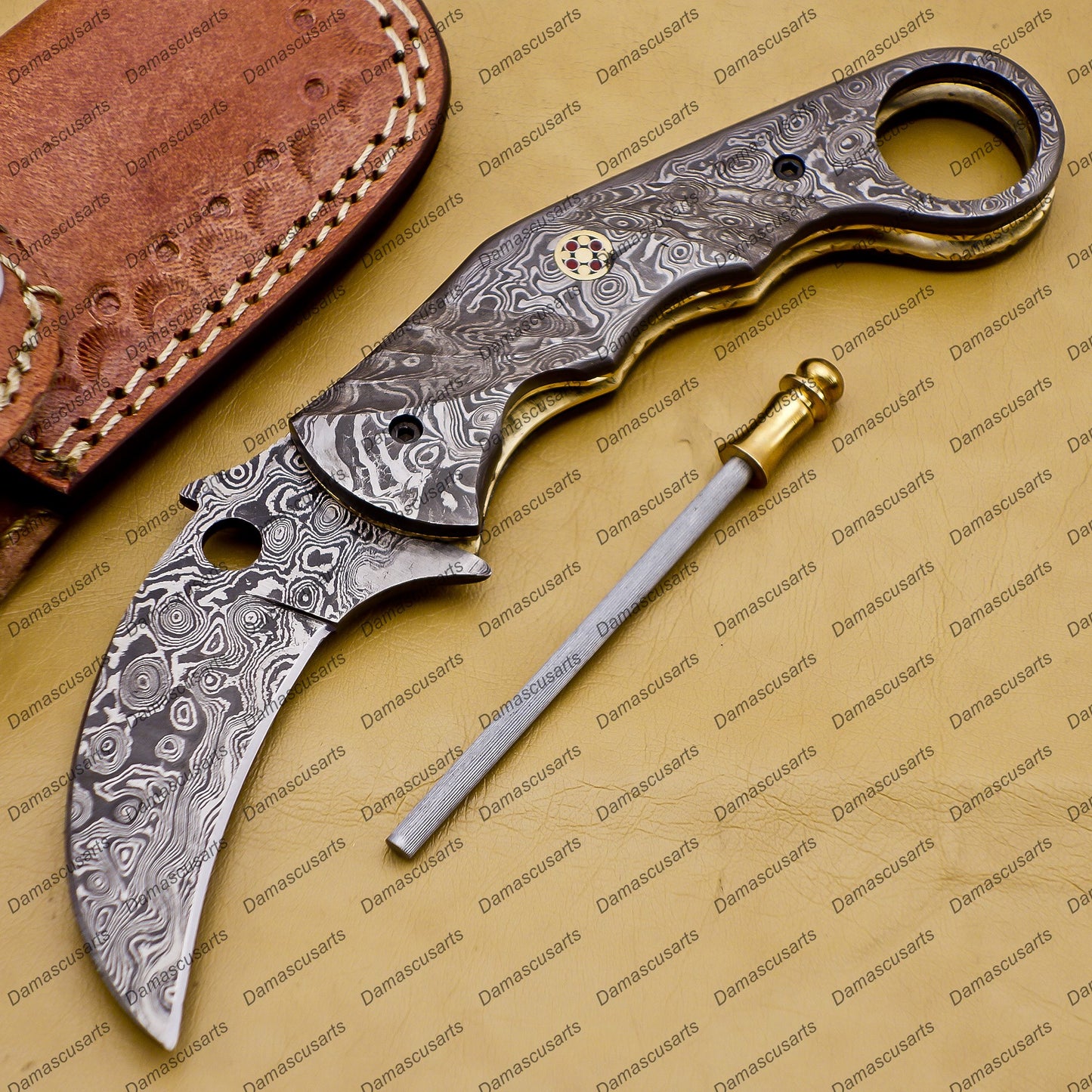 Personalizable Custom Hand Made Damascus Steel Folding Pocket Karambit Knife Beautiful Handle Damascus with Leather Cover