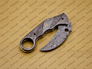 Personalizable Custom Hand Made Damascus Steel Folding Pocket Karambit Knife Beautiful Handle Damascus with Leather Cover