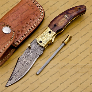 Personalized Custom Damascus Steel Folding Pocket Knife with Free Damascus Keychain Handle Bone with Leather Sheeth